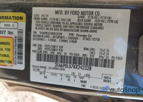 2019 Ford Fusion Hybrid Se z USA, uszkodzony, nr VIN 3FA6P0LU7KR242328